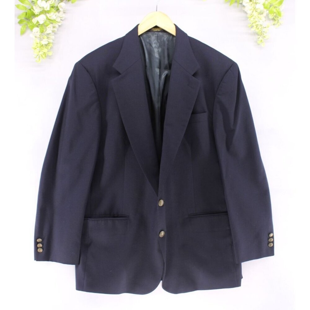 Oscar de la Renta Men's Vintage Two Button Blazer Brass Button Navy Blue 44R